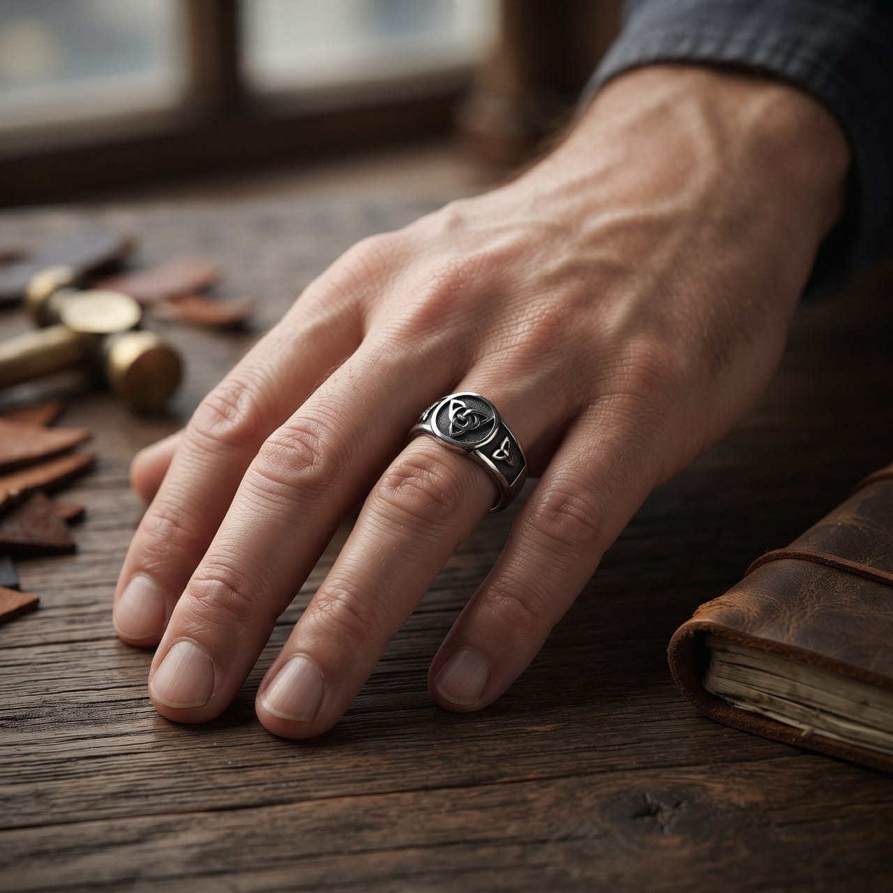 Bague en acier ornée d'un nœud de sorcière portée à l'annulaire d'une main d'homme, carnet en cuir et outils