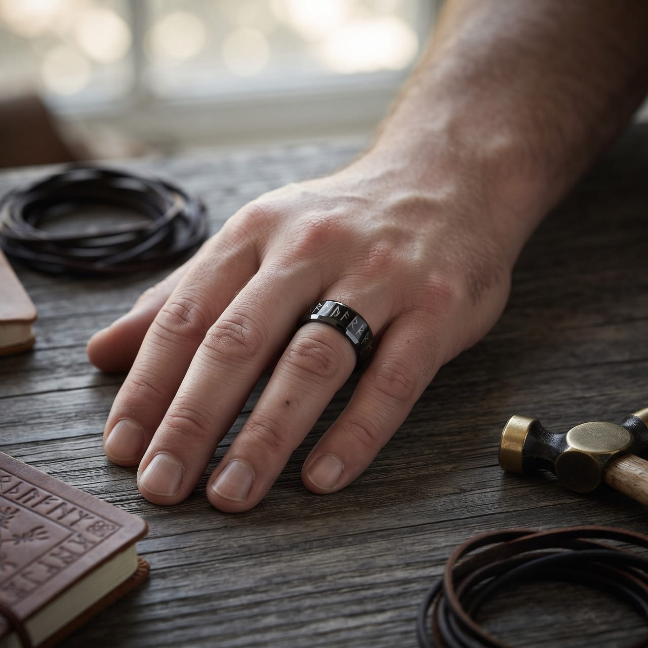 Anneau en acier noir gravé de runes du Futhark porté à l'annulaire d'une main d'homme, cordon de cuir et carnet