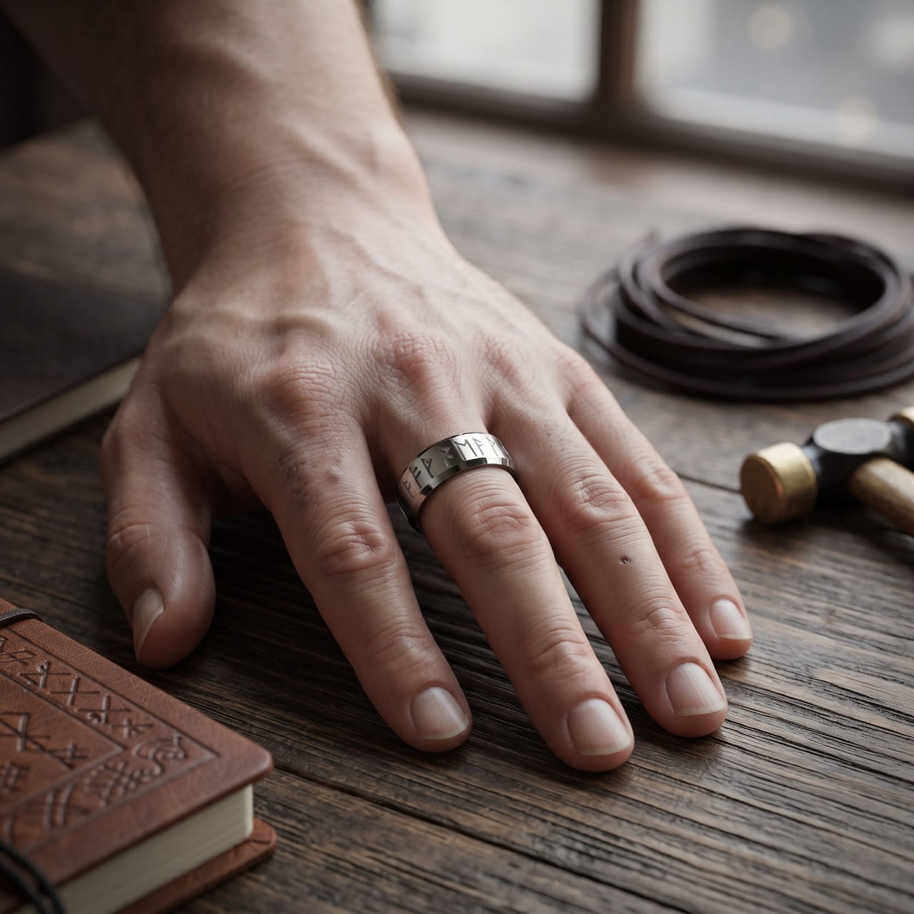 Anneau en acier poli gravé de runes du Futhark porté à l'annulaire d'une main d'homme, cuir et outils sur l'établi