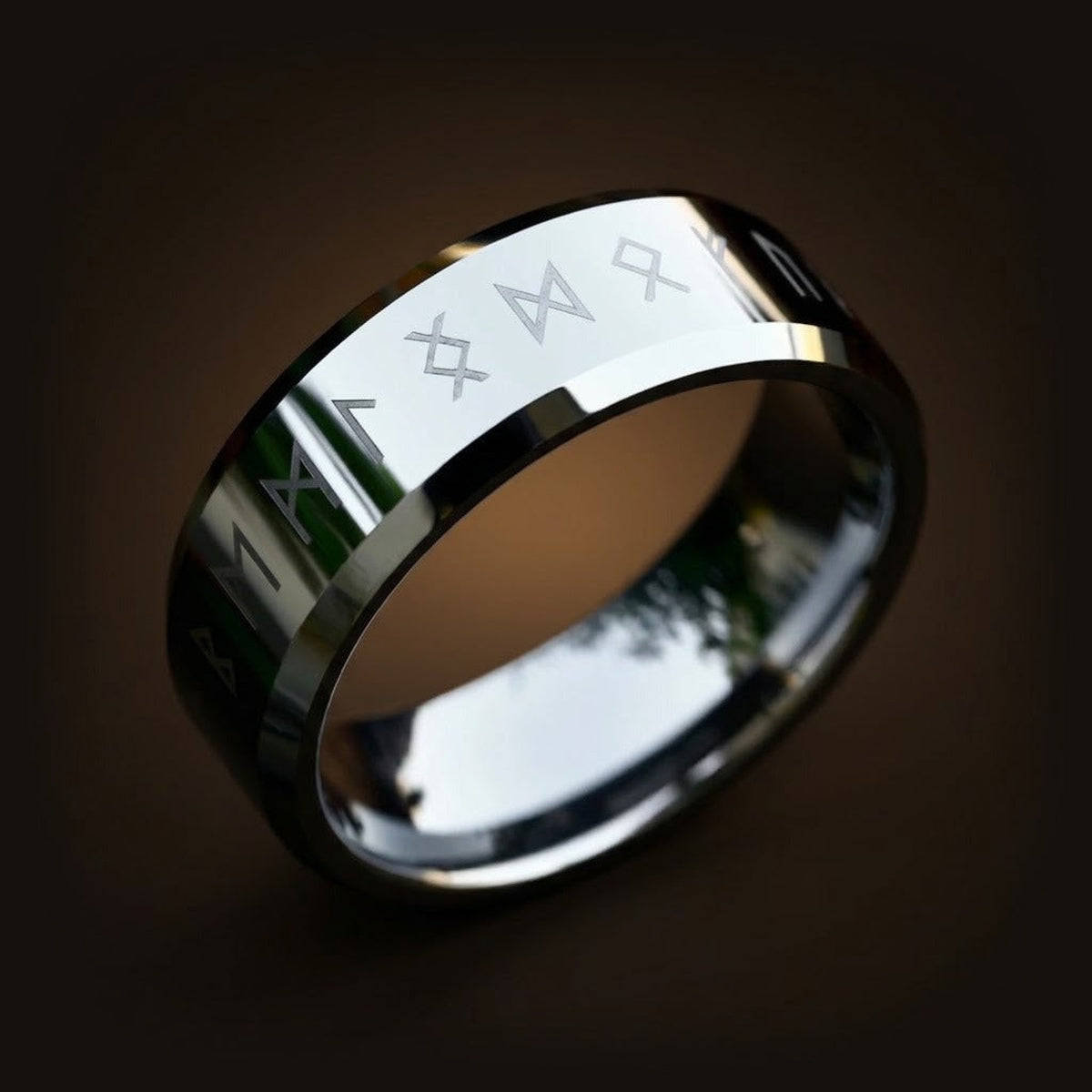 Bague viking runes futhark acier inoxydable poli argenté