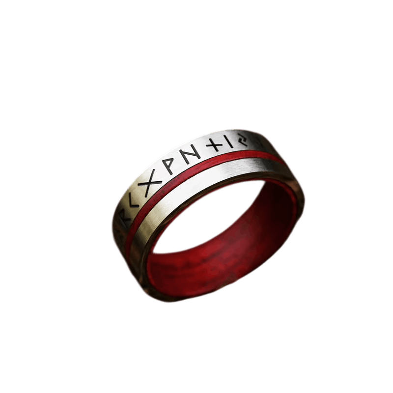 Anneau viking en acier clair à liseré rouge, runes du Futhark gravées, sur fond blanc