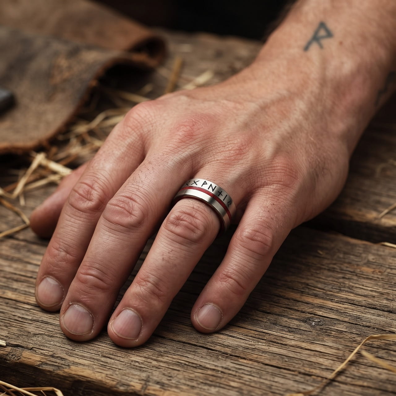 Bague en acier clair gravée de runes du Futhark avec liseré rouge, portée à l'annulaire d'une main d'homme