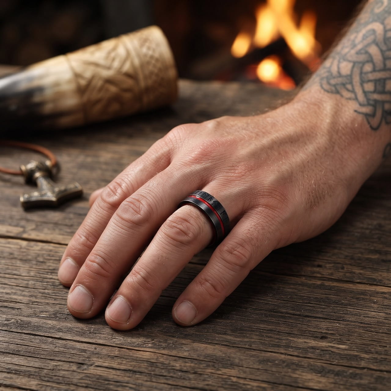 Bague en acier sombre gravée de runes du Futhark avec liseré rouge, portée à l'annulaire d'une main d'homme devant un feu