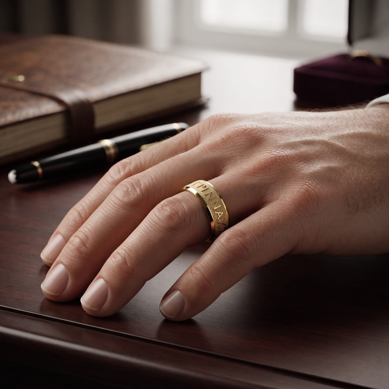 Bague dorée sablée gravée de runes portée à l'annulaire d'une main d'homme, sur un bureau en bois verni
