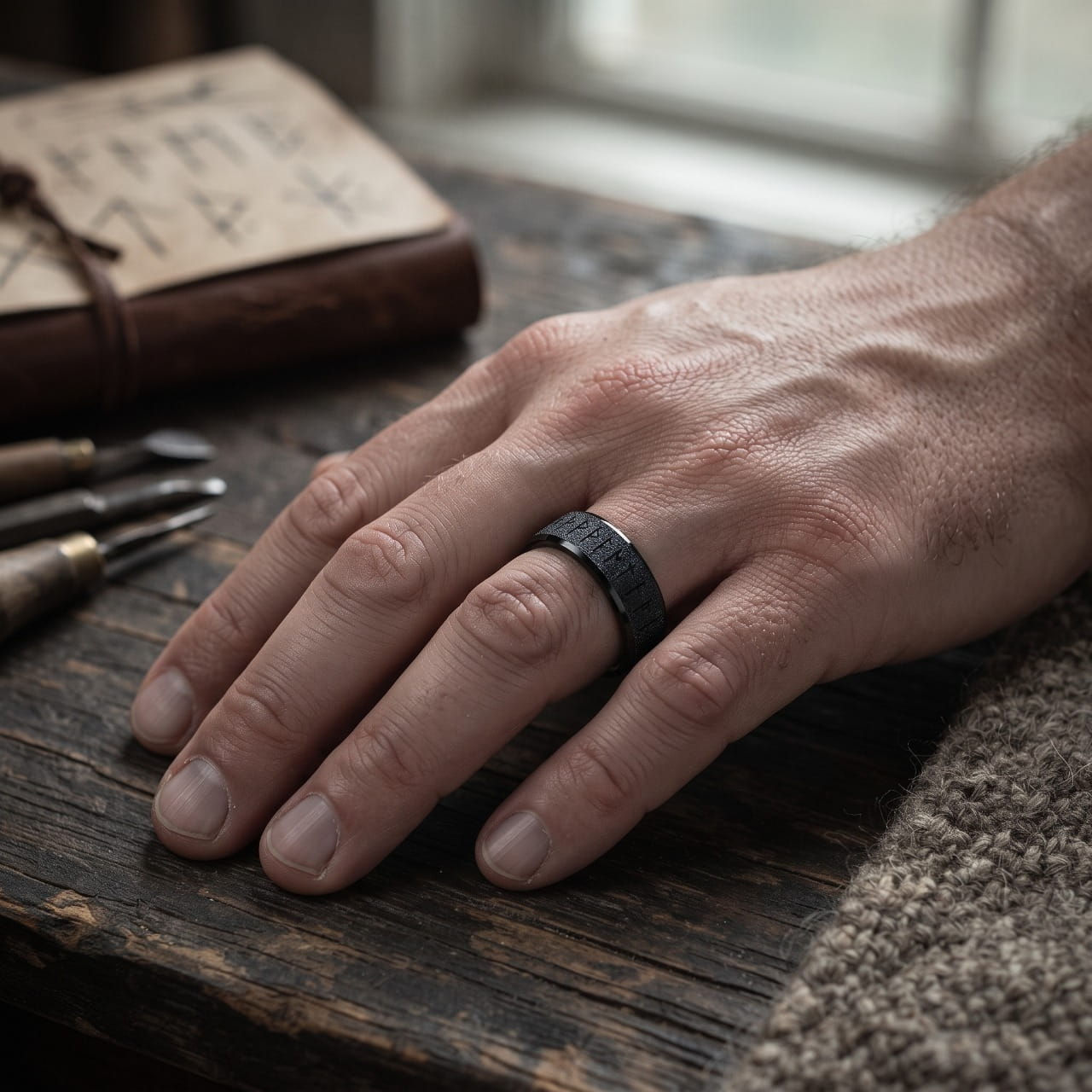 Bague en acier noir sablé gravée de runes portée à l'annulaire d'une main d'homme, carnet et plumes en arrière-plan
