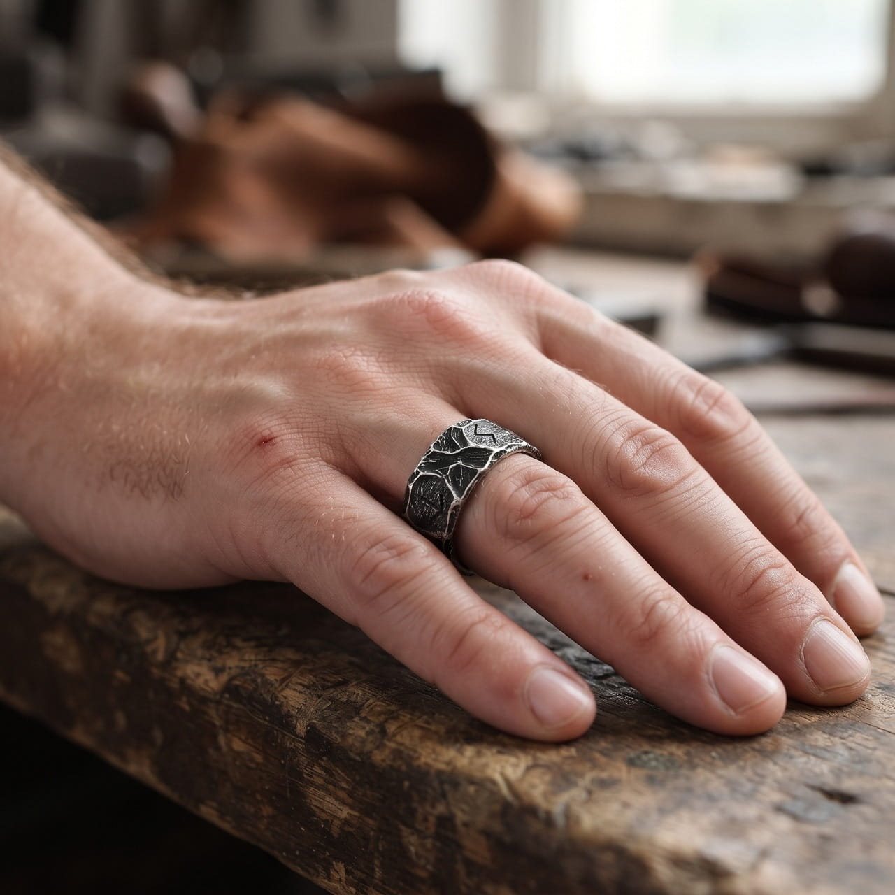 Bague large en acier gravée de runes portée à l'annulaire d'une main d'homme posée sur une planche de bois brut