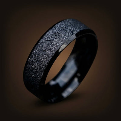 Bague Viking Runes Futhark Sablée — Acier Noir