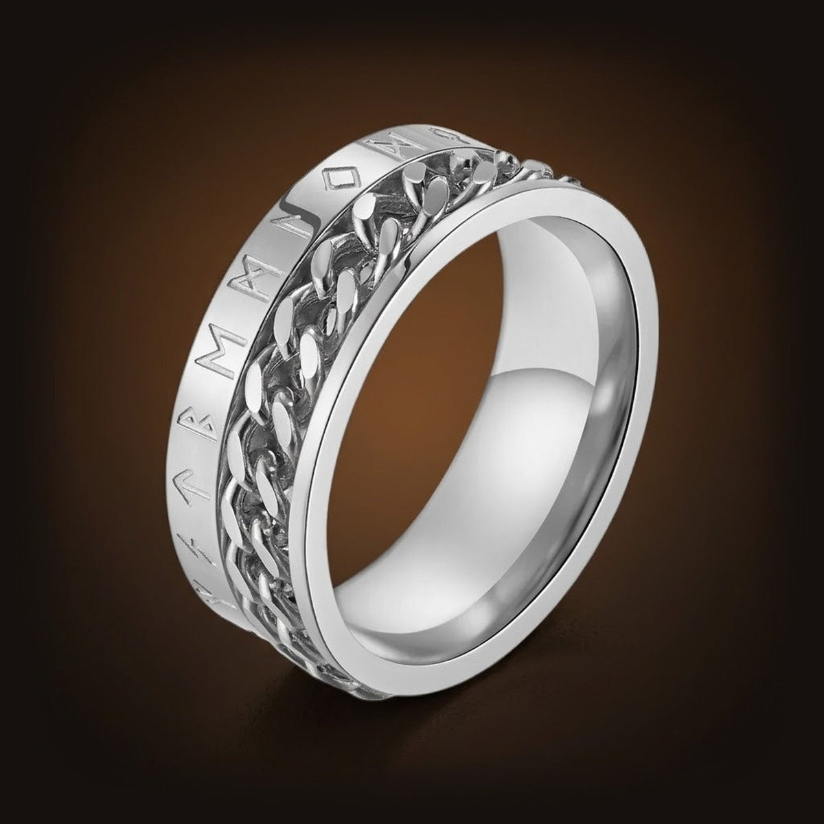 Bague viking runes Futhark spinner rotative acier inoxydable argenté poli, avec chaîne