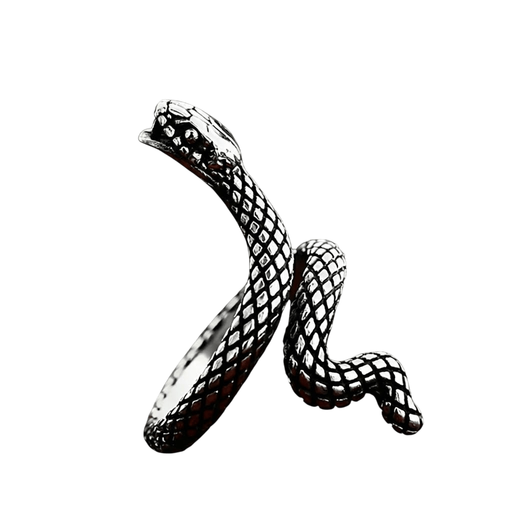 Bague viking en acier inoxydable en forme de serpent Jörmungandr s'enroulant autour du doigt avec écailles détaillées.