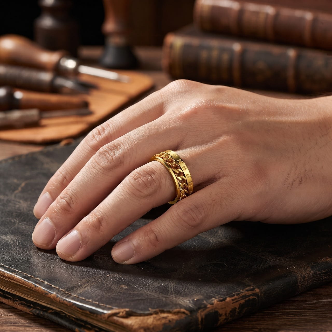 Bague spinner dorée à maillons tournants portée à l'annulaire d'une main d'homme posée sur un carnet en cuir ancien