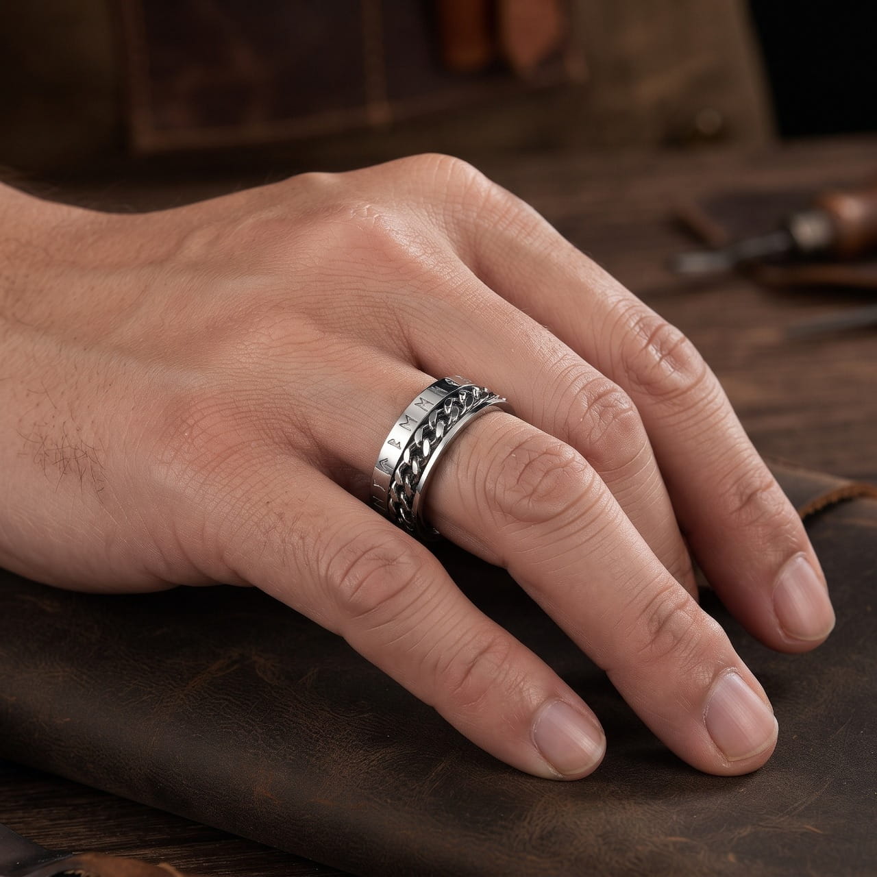 Bague spinner en acier argenté à anneau tournant gravé de runes portée à l'annulaire d'une main d'homme, sur cuir