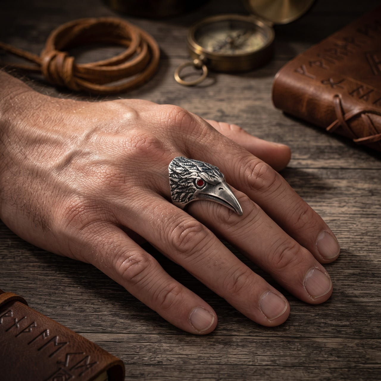 Bague en acier figurant une tête de corbeau à l'œil rouge, portée à l'annulaire d'une main d'homme