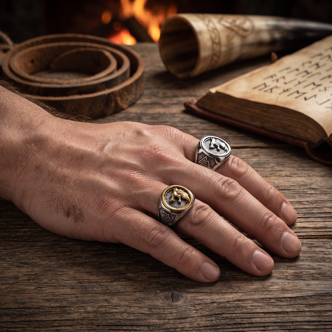 Bague chevalière en acier à tête de loup dorée sur pierre noire, portée à l'annulaire d'une main d'homme devant un feu