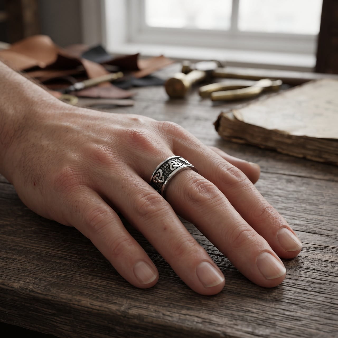 Bague en acier texturé et noirci ornée d'une triquetra portée à l'annulaire d'une main d'homme, établi de maroquinier