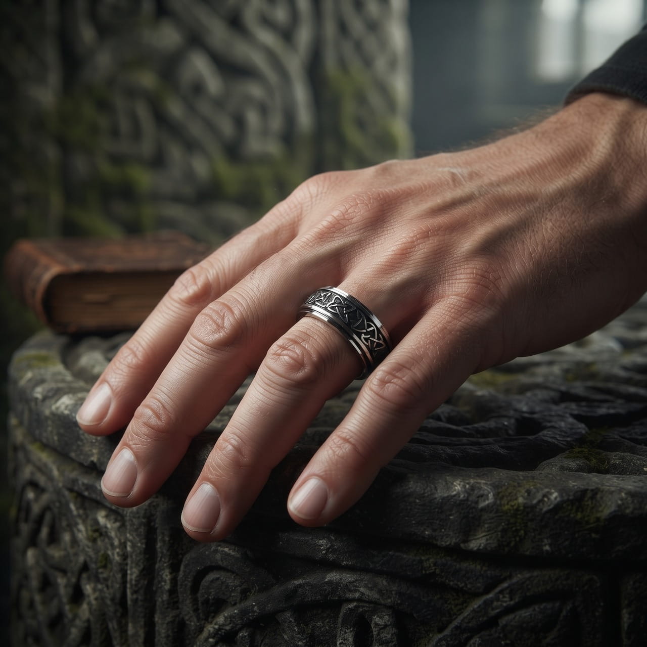 Bague rotative en acier argenté gravée de triquetras portée à l'annulaire d'une main d'homme, sur pierre sculptée d'entrelacs