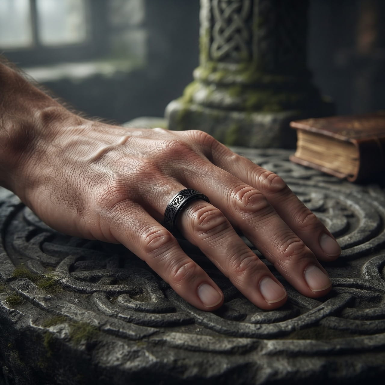 Bague rotative en acier noir gravée de triquetras portée à l'annulaire d'une main d'homme posée sur une pierre à entrelacs