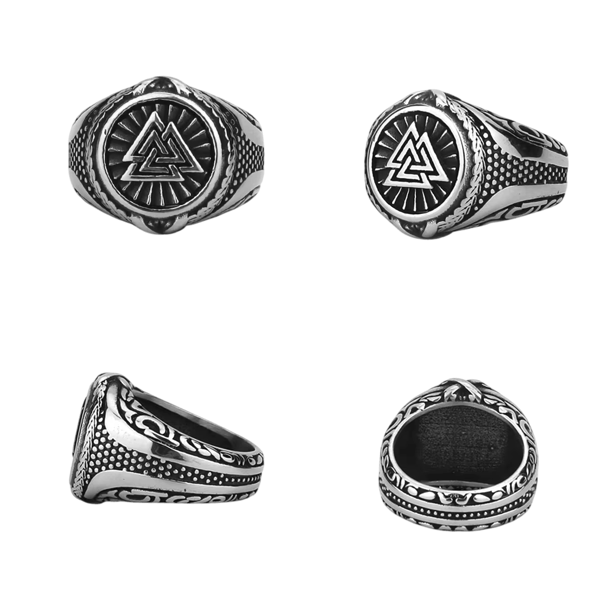 Chevalière viking en acier inoxydable, Valknut gravé dans un cercle perlé, vue sous plusieurs angles, sur fond blanc
