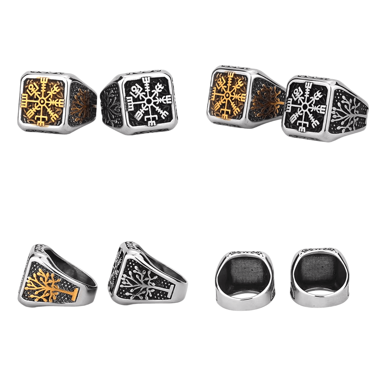 Chevalière viking carrée, Vegvísir gravé, versions dorée et argentée côte à côte, sur fond blanc