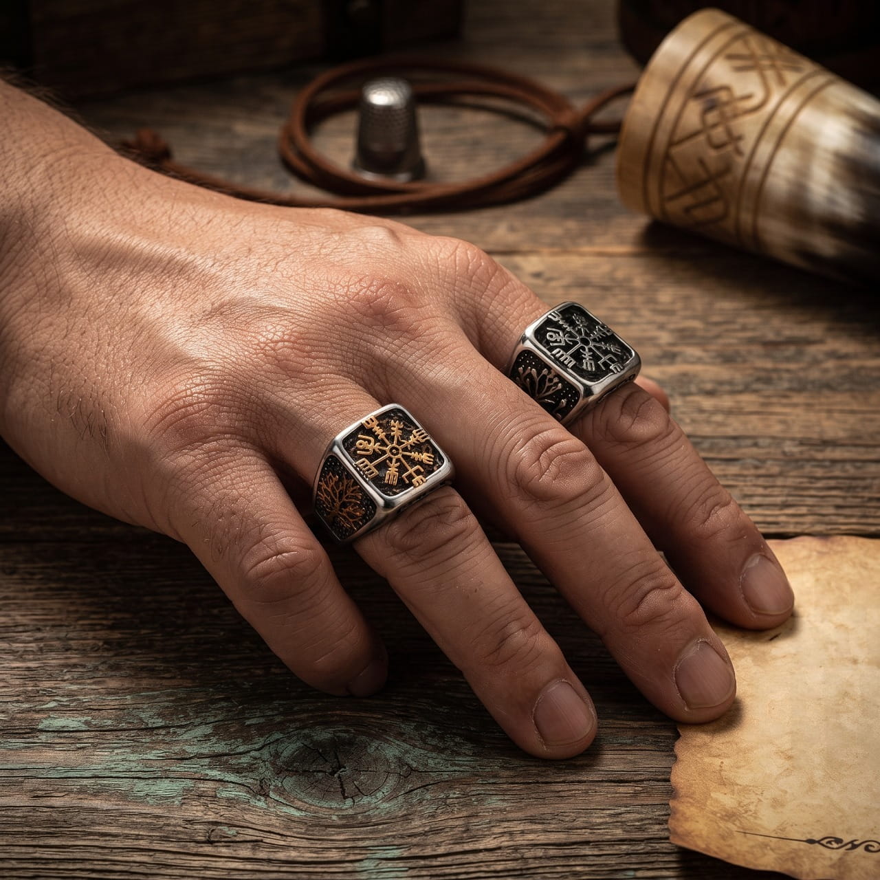 Bague chevalière carrée en acier gravée du Vegvísir doré, portée à l'annulaire d'une main d'homme
