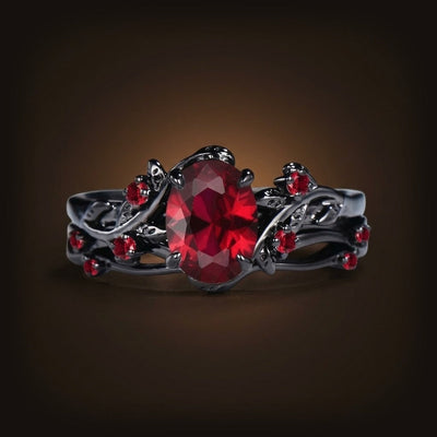 Bague Viking Zircon Cristal Rouge, Finition Noir et Doré