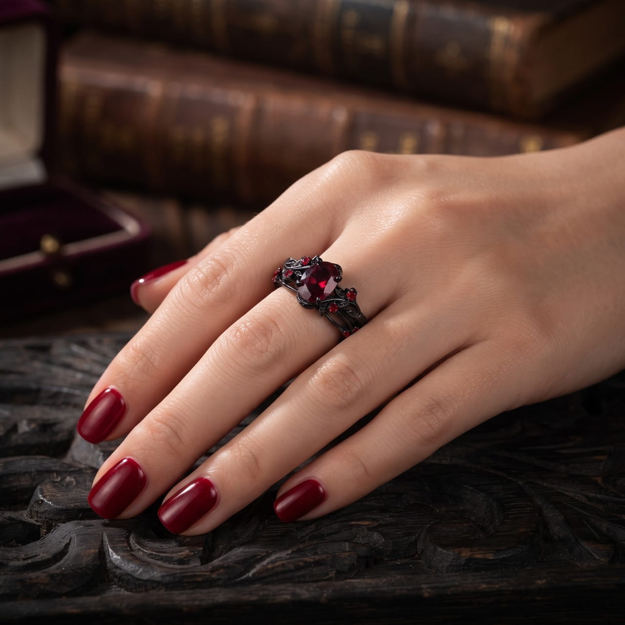 Bague en acier noir sertie d'un zircon rouge portée à l'annulaire d'une main féminine aux ongles rouges, sur bois sculpté