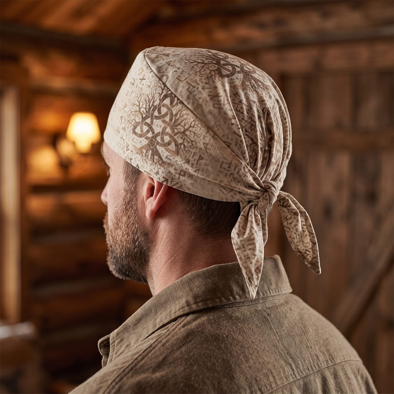 Homme portant le Bandana Viking Vegvísir Écru