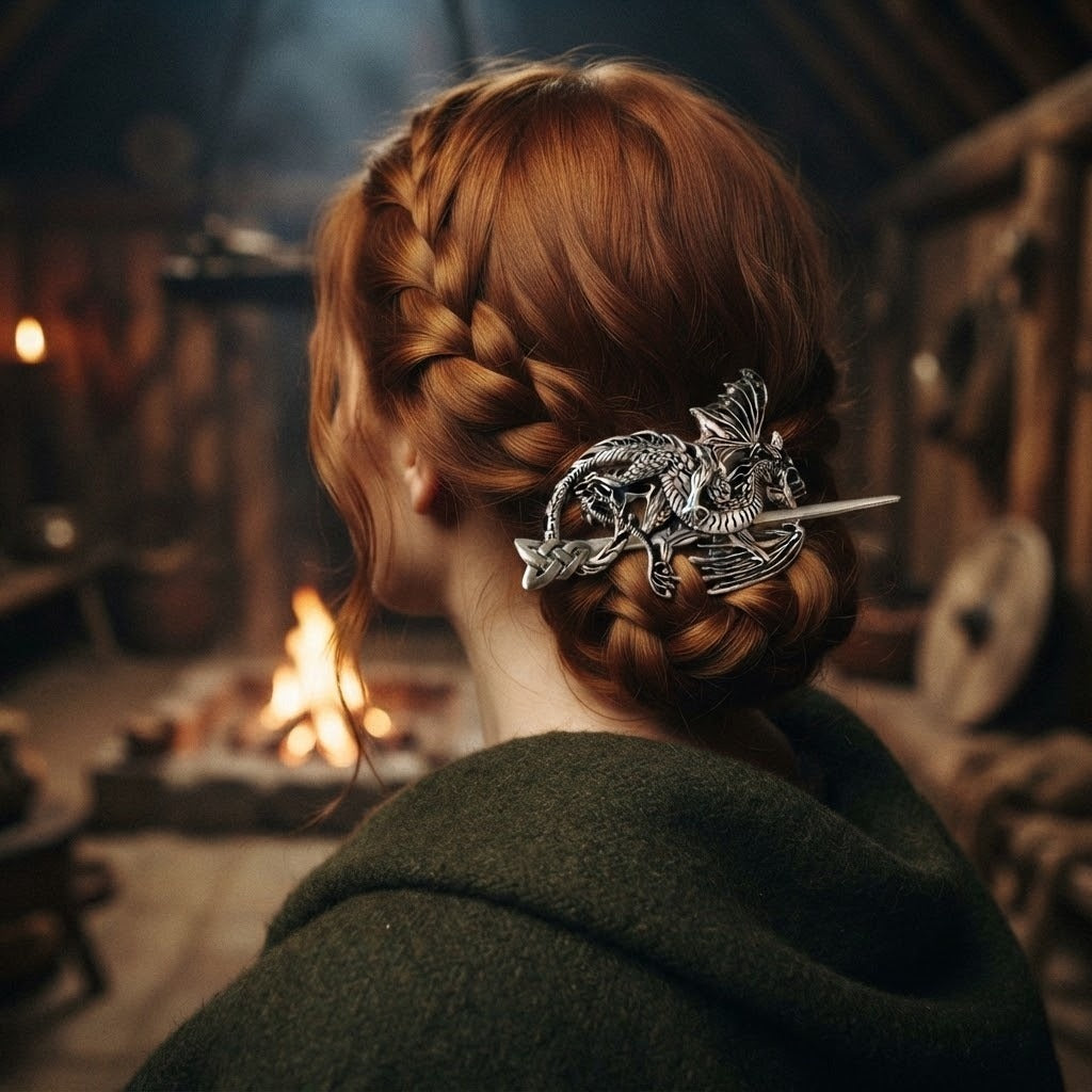 Barrette viking à dragon ailé et nœud celtique en métal argenté, piquée dans un chignon tressé, dans une maison longue éclairée par le feu