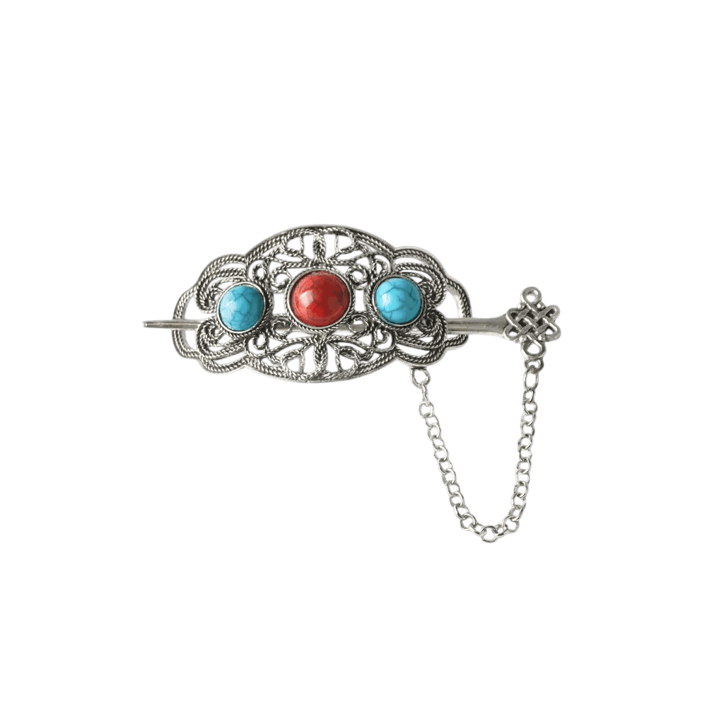 Barrette Viking Filigrane à Gemmes Turquoise et Rouge, vue de détail