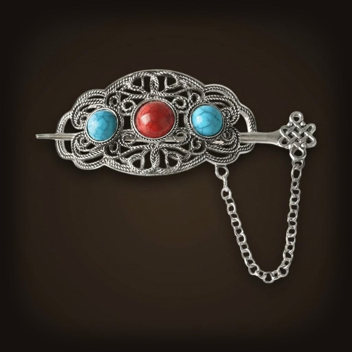 Barrette Viking Filigrane à Cabochons Turquoise et Rouge
