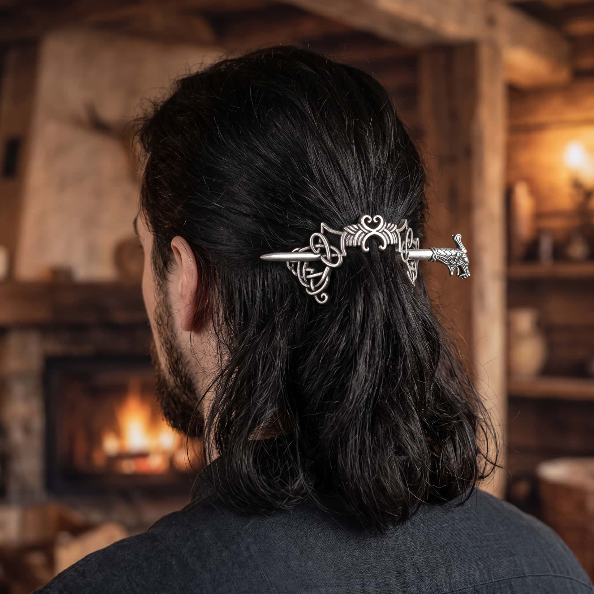 Barrette Viking Fine à Tête de Dragon, porté