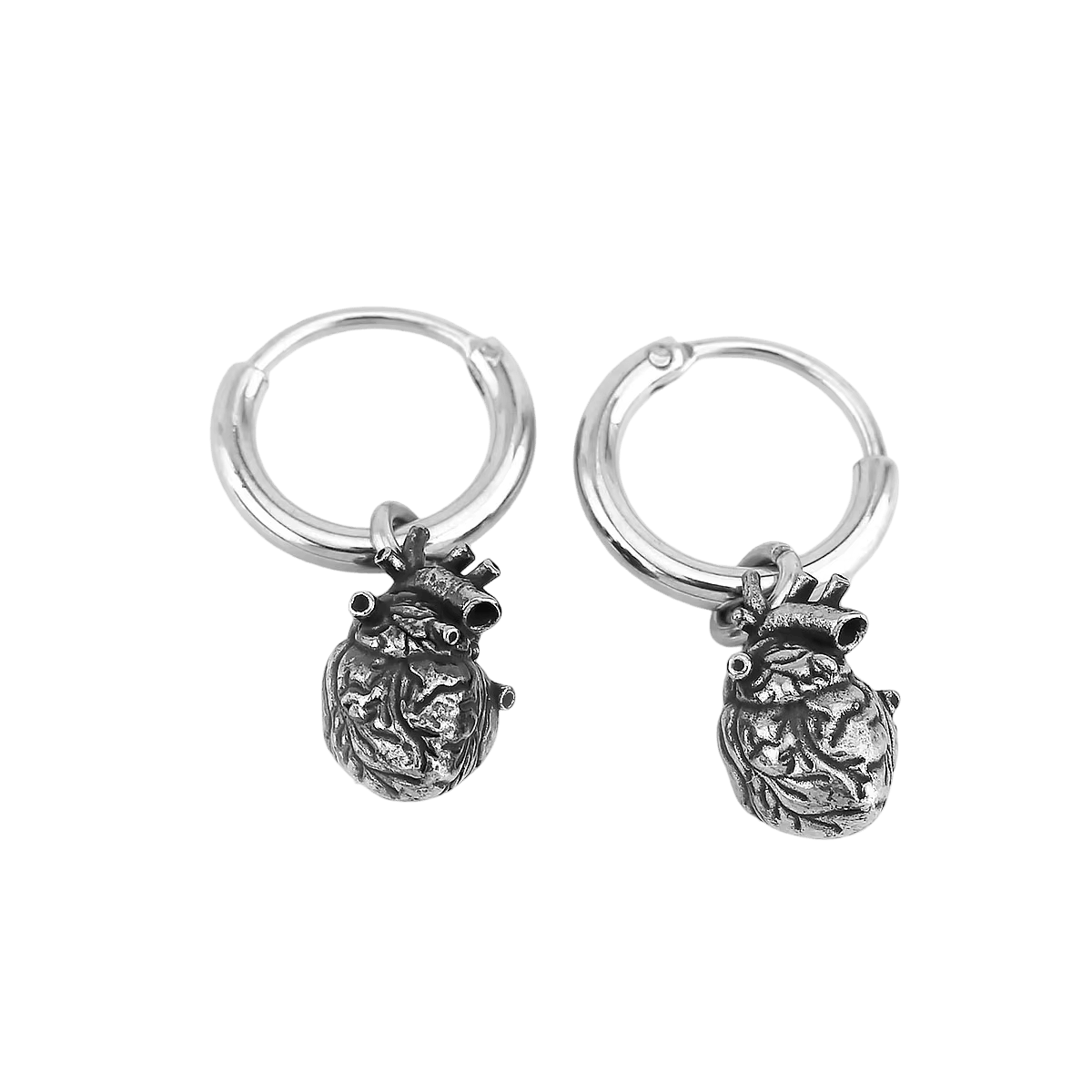 Boucle d'oreille cœur anatomique en acier inoxydable, détail des vaisseaux