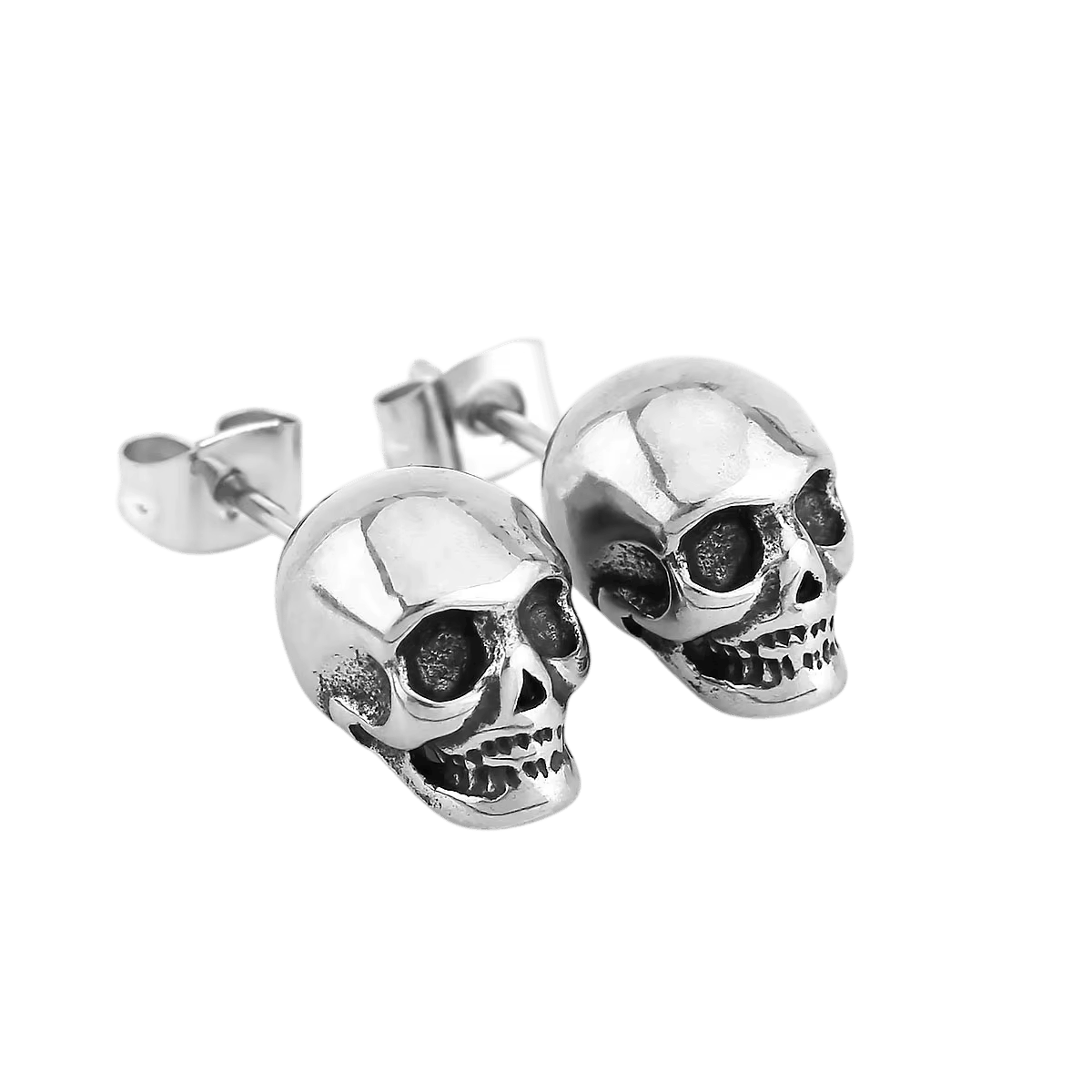 Puce d'oreille crâne en acier inoxydable poli, dentition marquée, vue de face