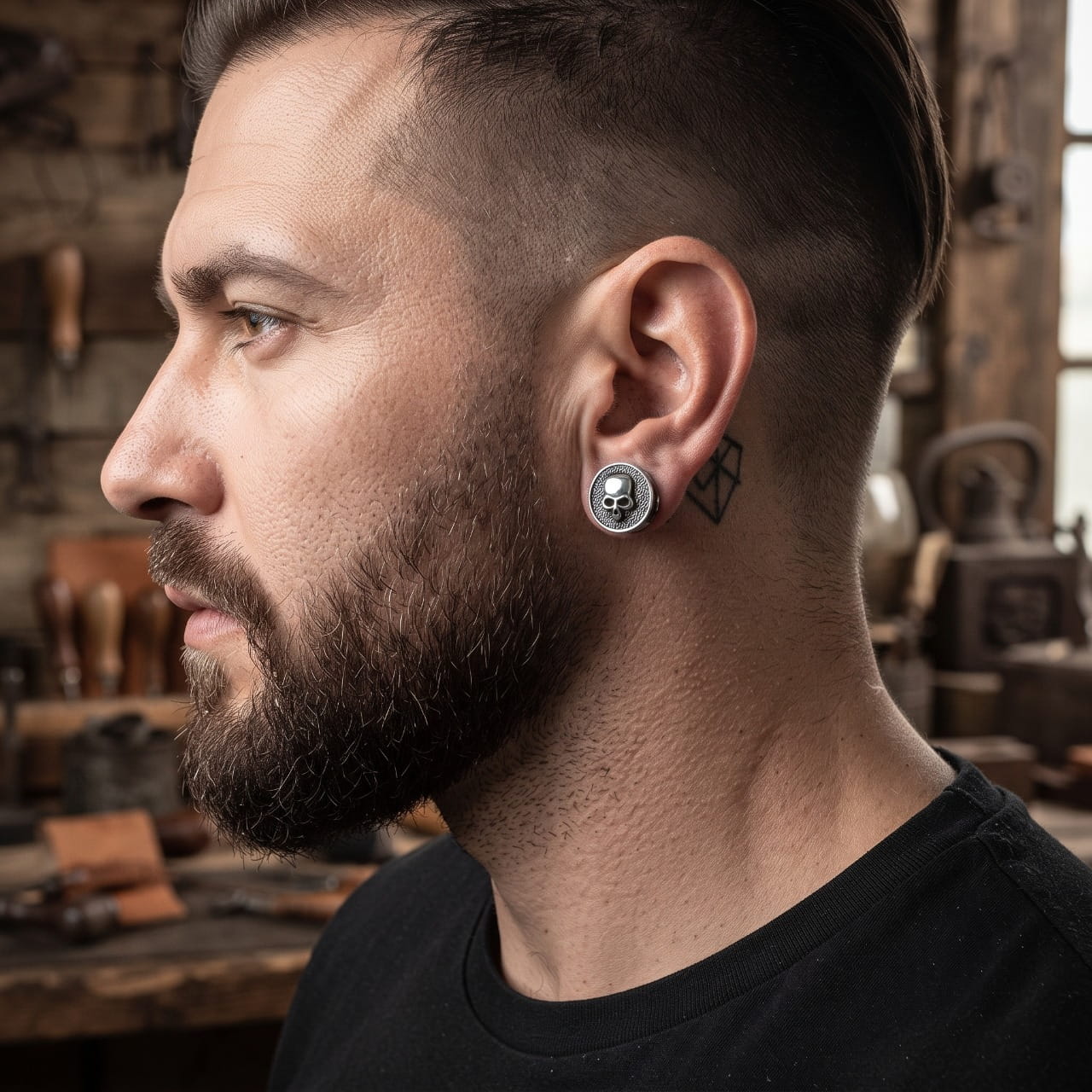 Puce d'oreille crâne en acier portée au lobe, format rond très discret