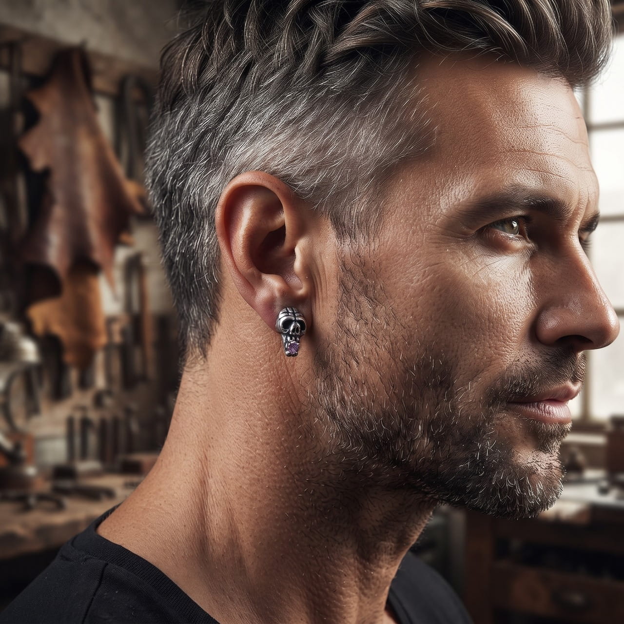 Puce d'oreille crâne et zircon rose en acier portée au lobe
