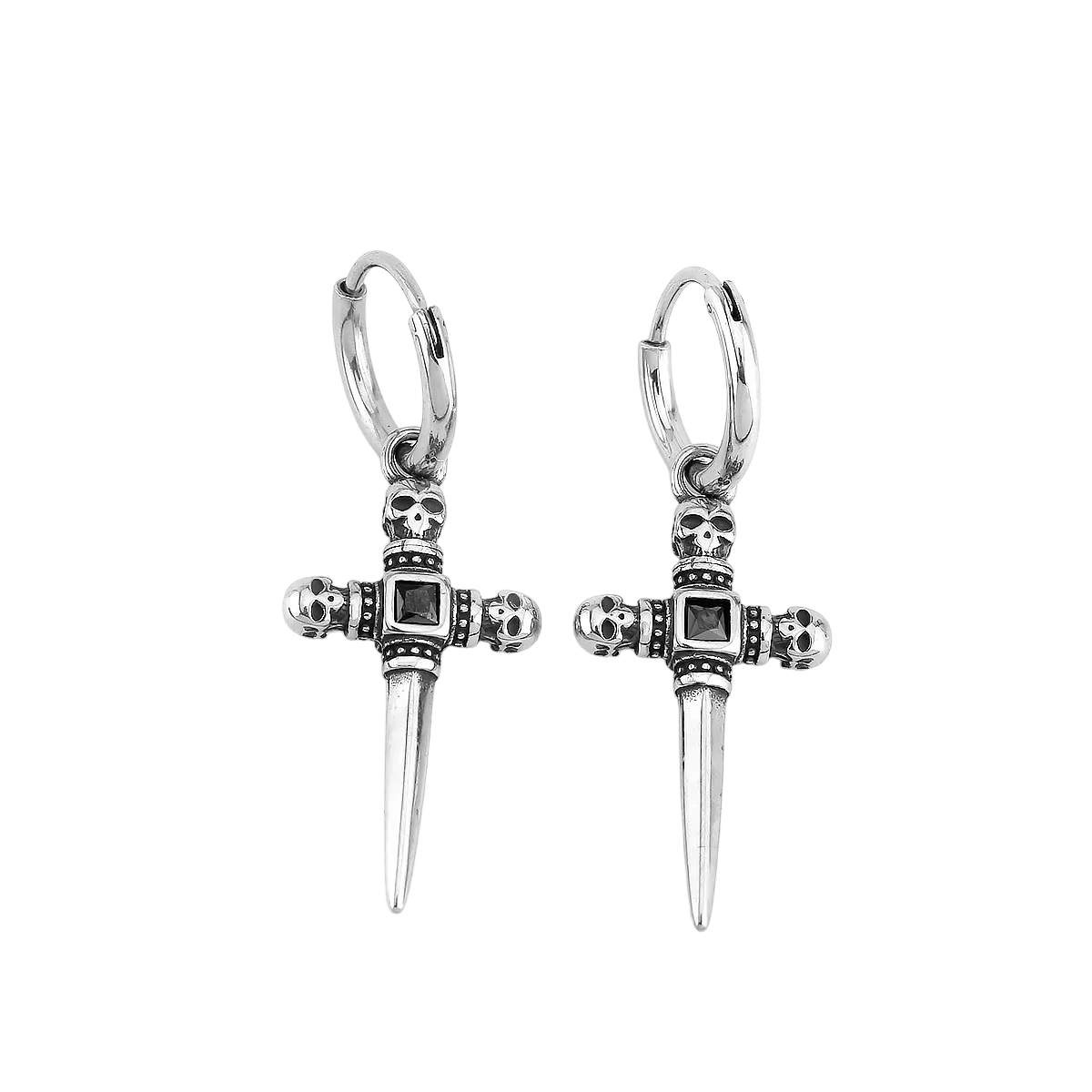 Boucle d'oreille pendante croix-épée en acier noirci, zircons sertis, vue de face