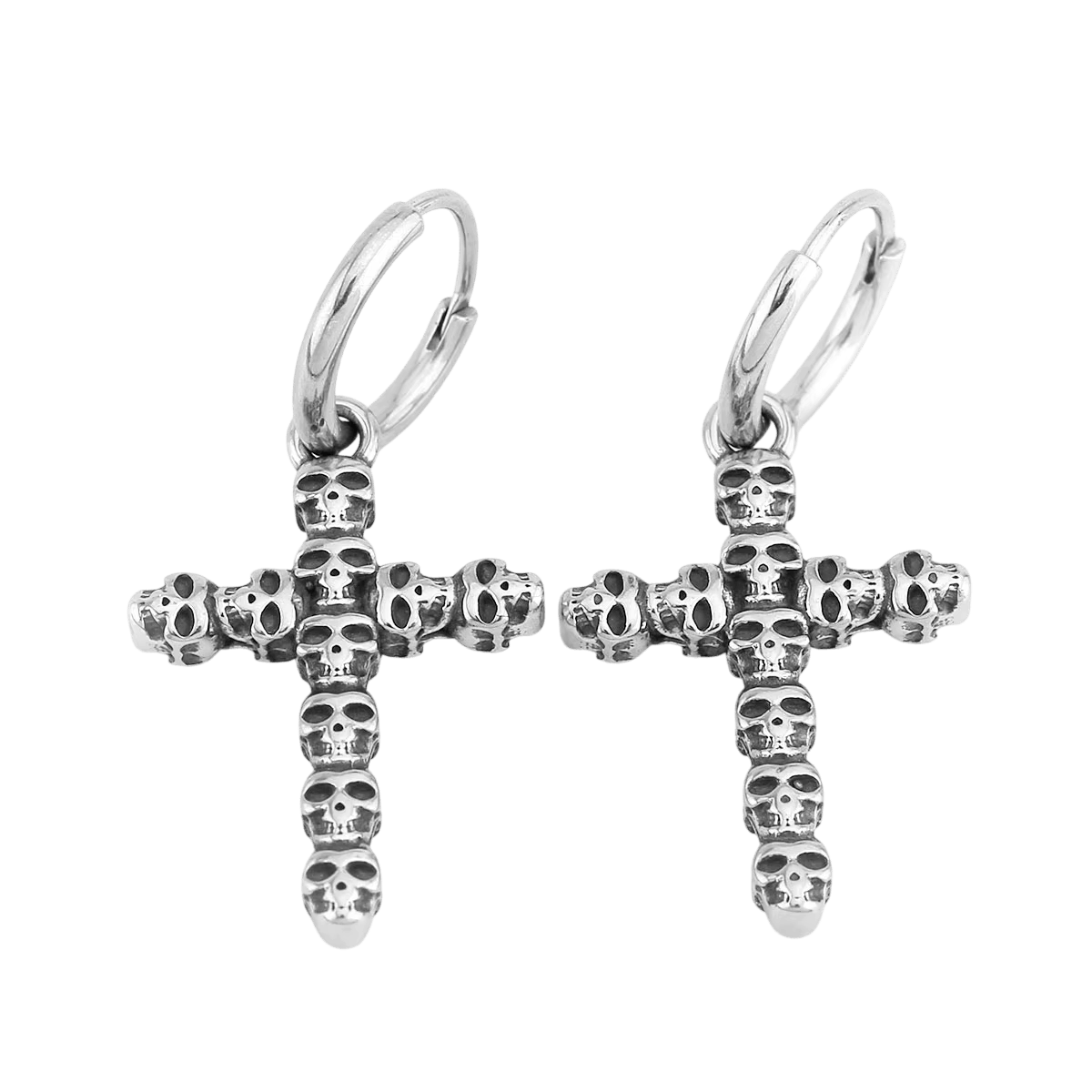 Boucle d'oreille croix gothique en acier inoxydable, bras fleuronnés, vue de face