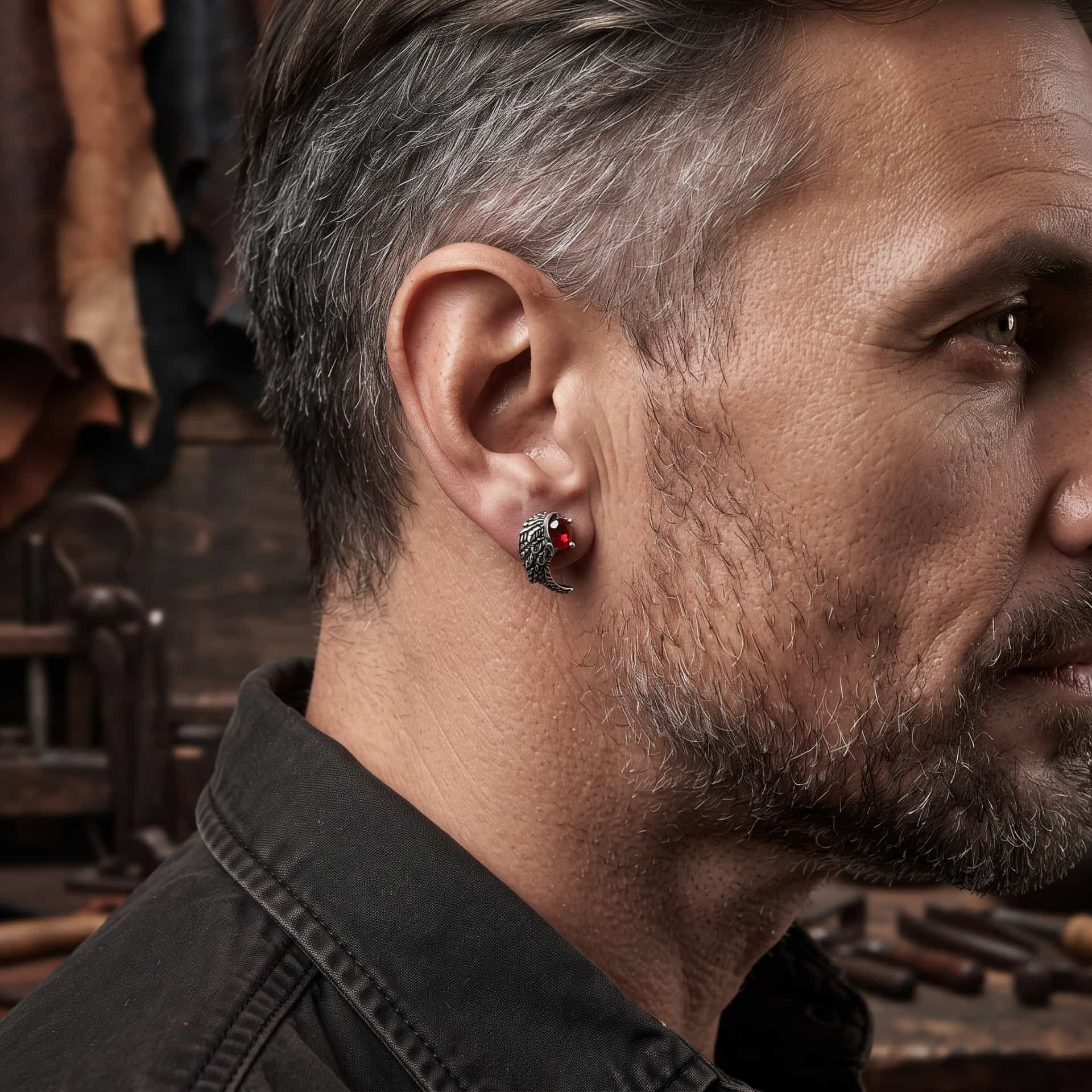 Puce d'oreille grande aile à zircon rouge en acier portée au lobe