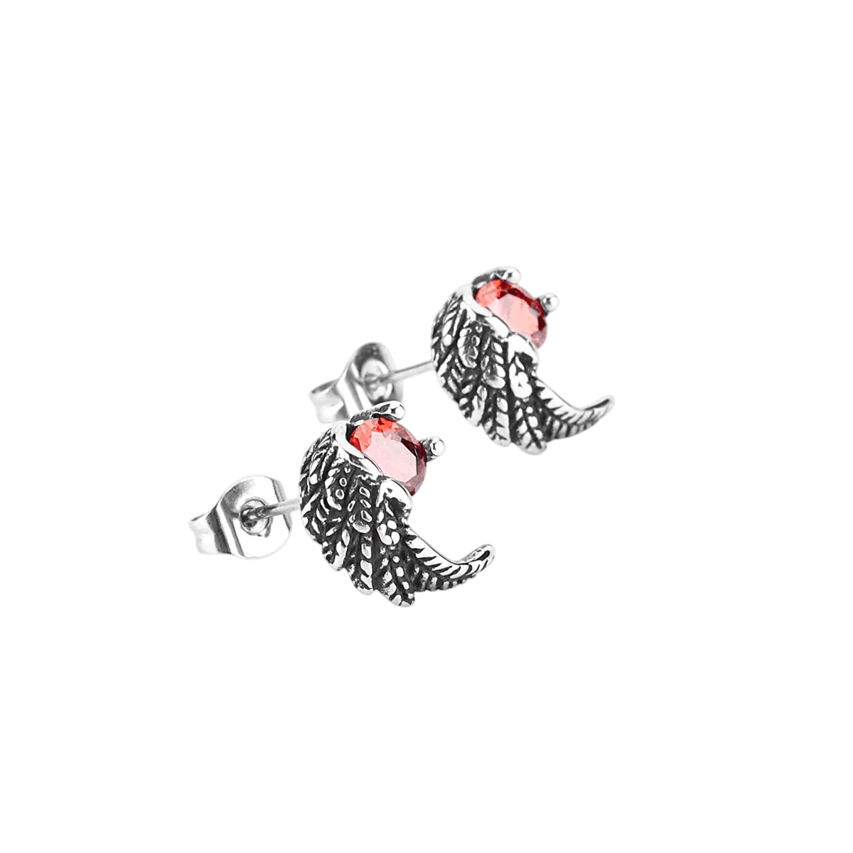 Puces d'oreilles aile déployée en acier inoxydable, trois rangs de plumes gravées et zircon rouge à l'attache