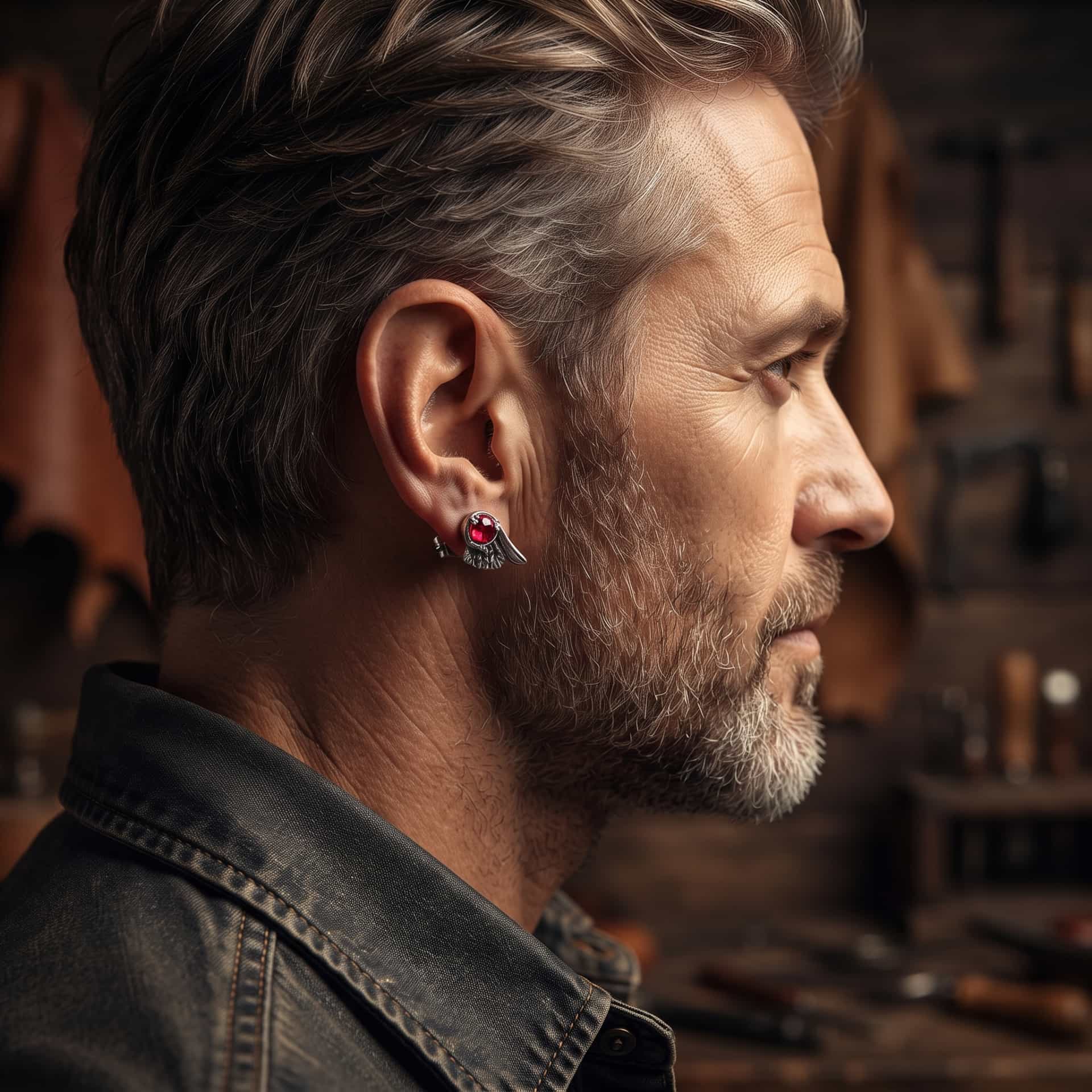 Puce d'oreille petite aile à zircon rouge en acier portée au lobe