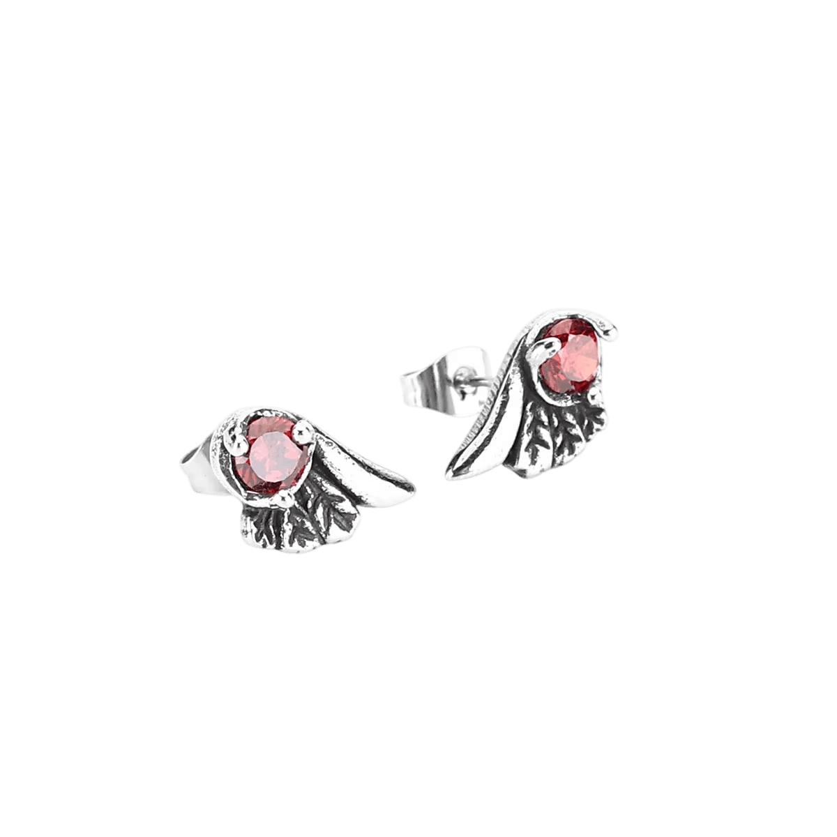 Puces d'oreilles aile repliée en acier inoxydable, plumes gravées en creux et zircon rouge à la base
