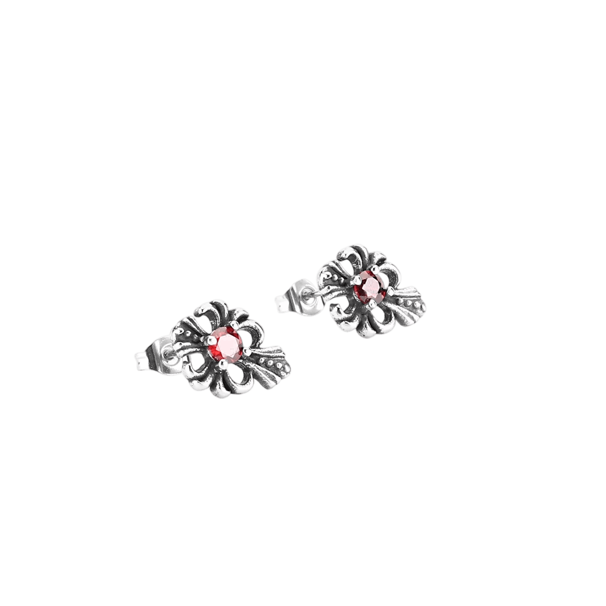 Puces d'oreilles rosace en acier inoxydable, six pétales ouvragés autour d'un zircon rouge central
