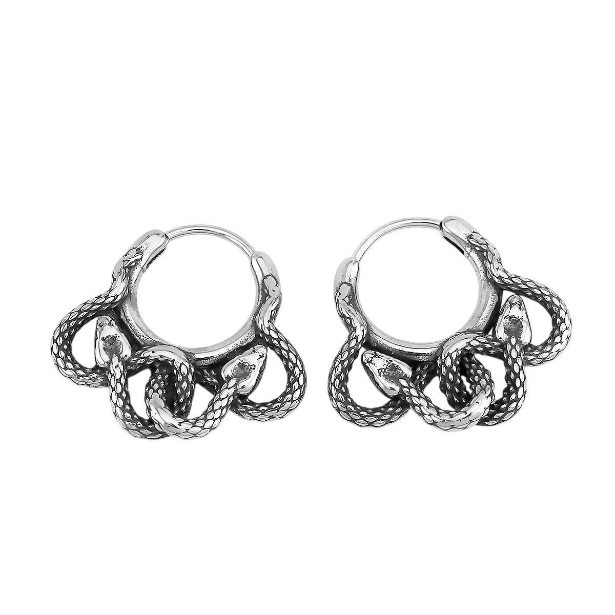 Créole serpents entrelacés en acier inoxydable, détail du nœud et des écailles