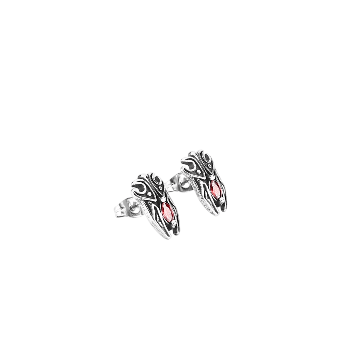 Puces d'oreilles corbeau en acier inoxydable, bec allongé, œil gravé en spirale et zircon rouge sur le poitrail