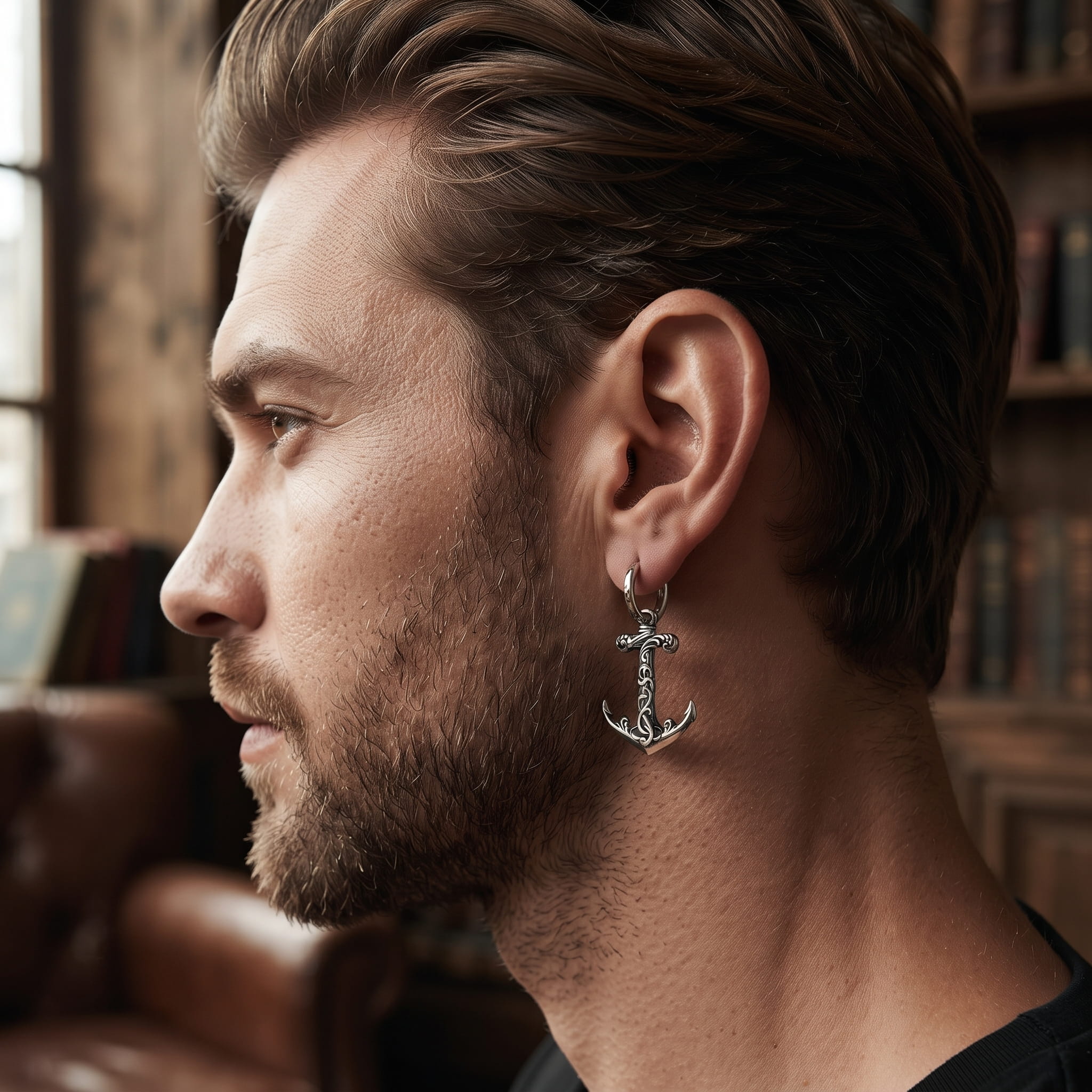 Pendante viking ancre gravée d'entrelacs portée à l'oreille, suspendue à une créole