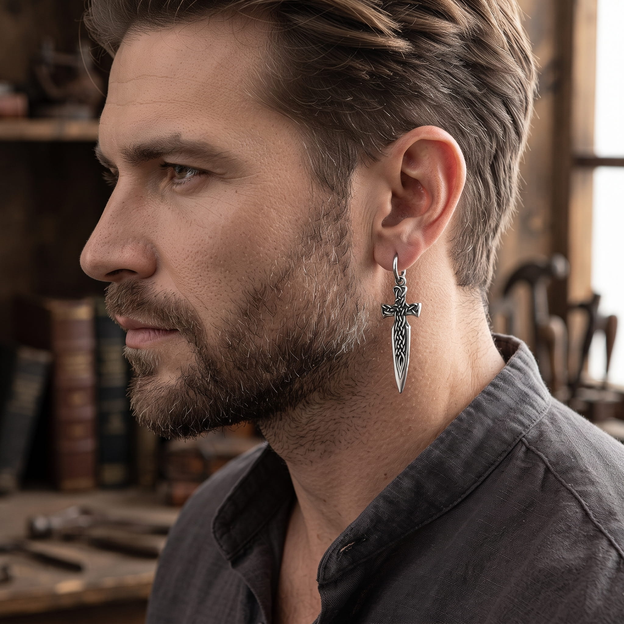 Pendante viking épée en acier portée à l'oreille, lame effilée vers le bas
