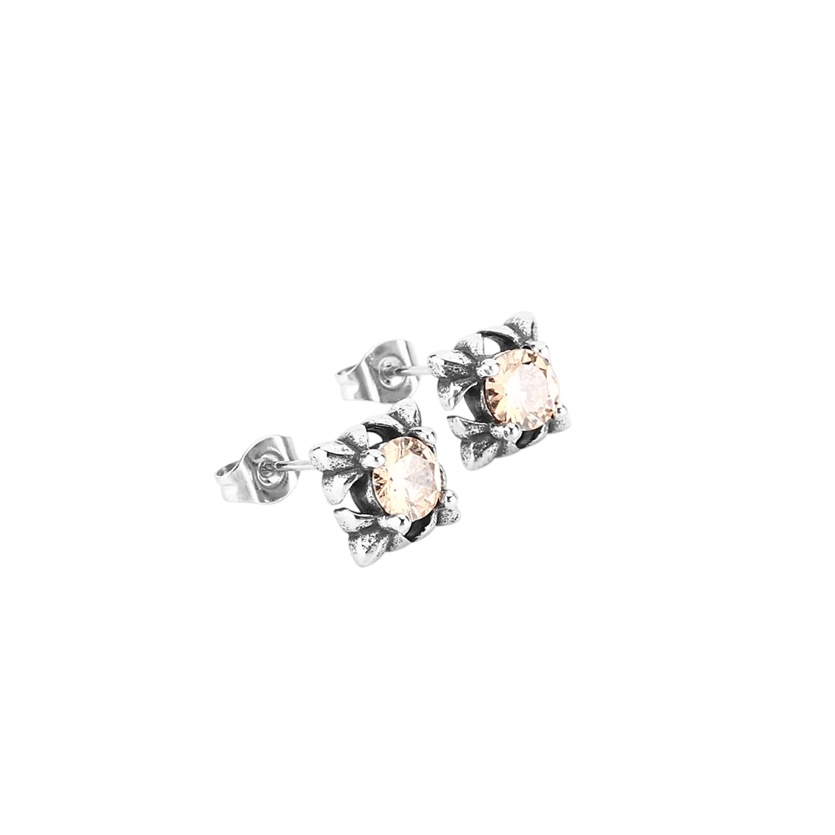 Puces d'oreilles zircon champagne en acier inoxydable, monture carrée à quatre griffes