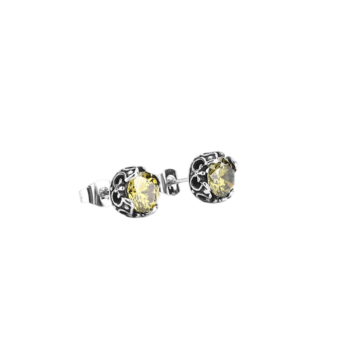 Puces d'oreilles zircon citrine en acier inoxydable, chaton aux griffes sculptées