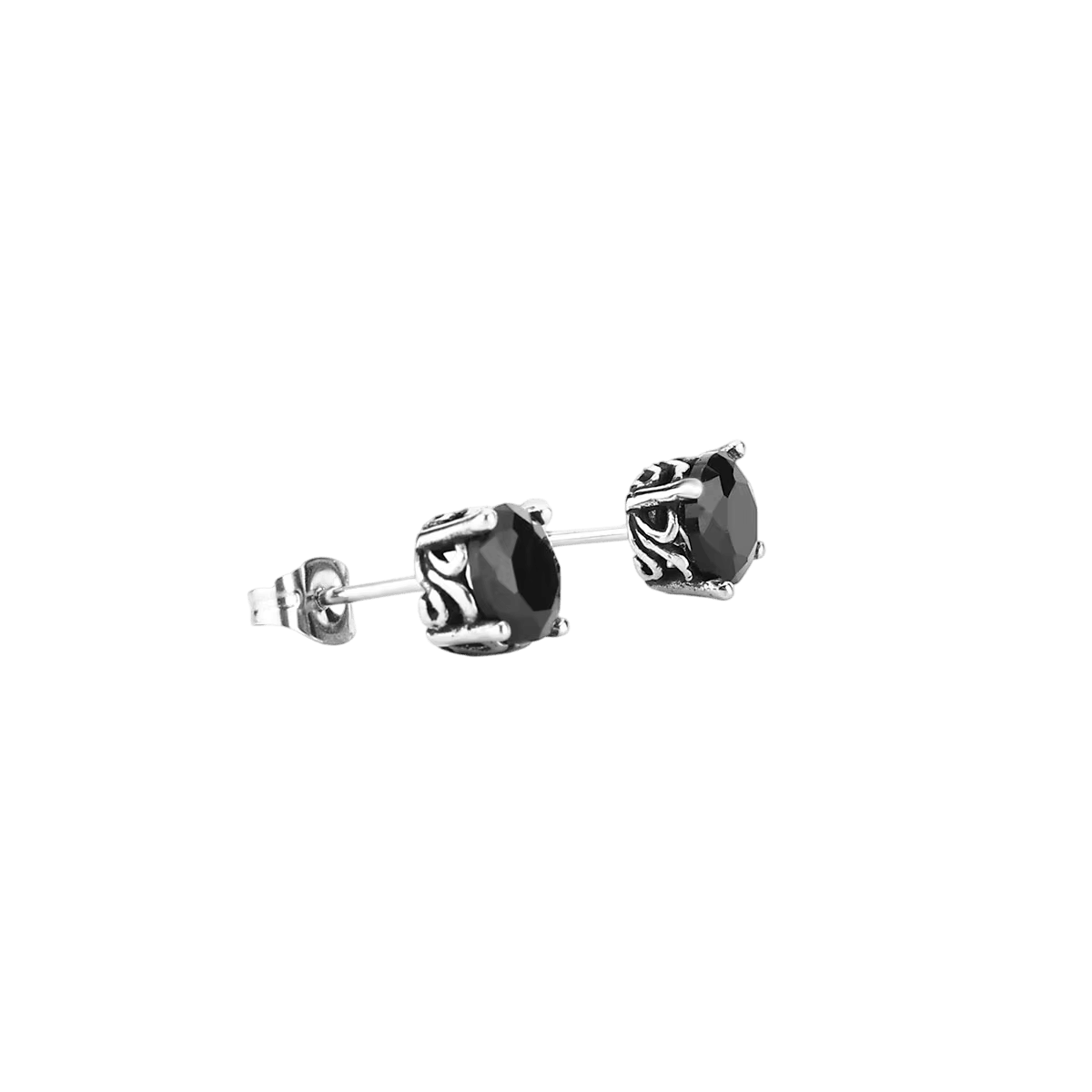 Puces d'oreilles zircon noir en acier inoxydable, pierre facettée tenue par quatre griffes fines
