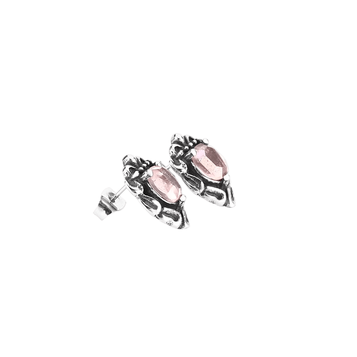 Puces d'oreilles zircon rose ovale en acier inoxydable, monture ajourée à volutes