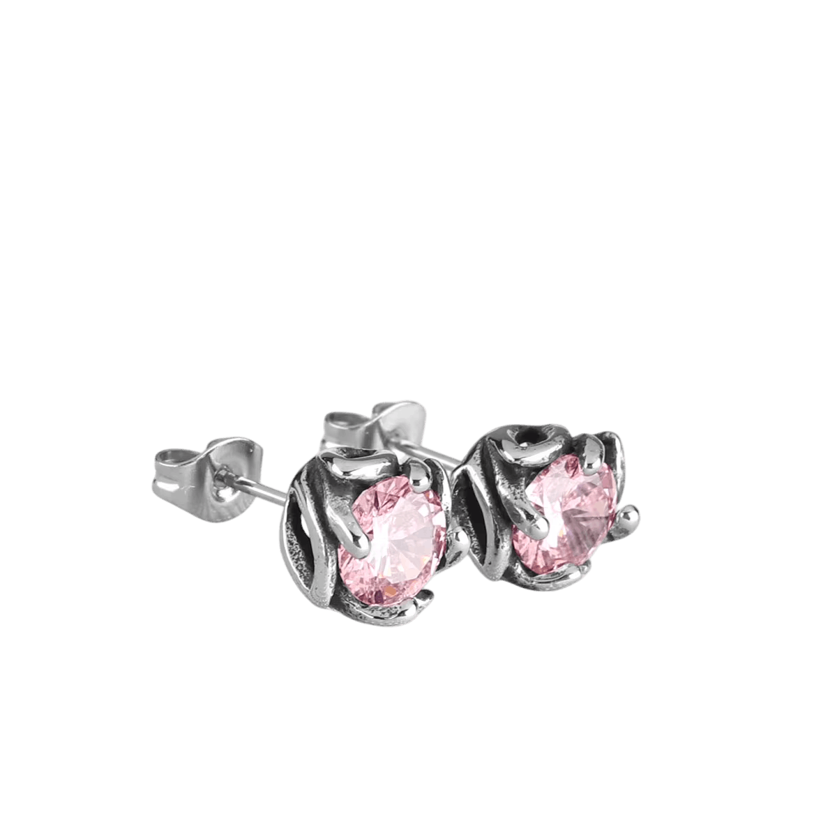 Puces d'oreilles zircon rose en acier inoxydable, pierre ronde facettée tenue par quatre griffes